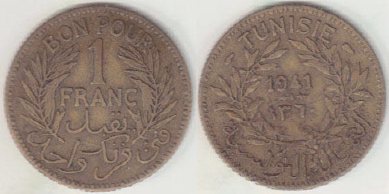 1941 Tunesia 1 Franc A005753